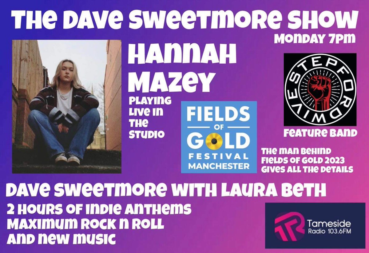 Tonight live on The <a href="/davesweetmore/">dave sweetmore</a> Show from 7pm, <a href="/HannahMazey/">Hannah Mazey</a> is live in the studio, feature band are <a href="/stepfordwivesuk/">stepfordwivesuk</a>, and we hear all about this years <a href="/FieldsOfGold22/">FieldsOfGoldFestival</a> from the man behind it all. Plus 2 hours of indie rock n roll and new music. 
With Dave and <a href="/LauraBethReal/">Laura Beth</a>