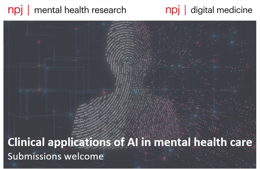 npj Mental Health Research (@npjmentalhealth) on Twitter photo 📢 Open for submissions, our new collection, Clinical Applications of AI in Mental Health Care. This collection is in collaboration with <a href="/npjDigitalMed/">npj Digital Medicine</a> & is Guest Edited by Eric Kuhn, <a href="/MauriceMulvenna/">✨ Maurice Mulvenna ✨</a>, Raymond Bond, & <a href="/JohnTorousMD/">John Torous, MD MBI</a>.
go.nature.com/433f43k 📢 Open for submissions, our new collection, Clinical Applications of AI in Mental Health Care. This collection is in collaboration with <a href="/npjDigitalMed/">npj Digital Medicine</a> & is Guest Edited by Eric Kuhn, <a href="/MauriceMulvenna/">✨ Maurice Mulvenna ✨</a>, Raymond Bond, & <a href="/JohnTorousMD/">John Torous, MD MBI</a>.
go.nature.com/433f43k