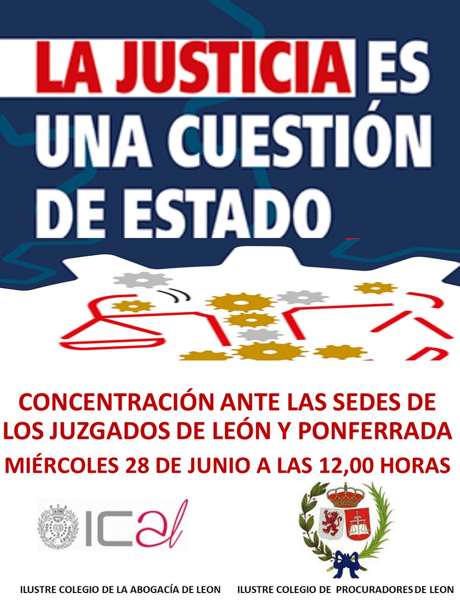 <a href="/ica_leon/">ICA de Leon</a> y toda <a href="/Abogacia_es/">Abogacía Española</a> reclama la reactivación inmediata del servicio público de justicia y medidas urgentes para resolver los inadmisibles retrasos acumulados.
28 de junio 12 horas. Concentración ante las sedes de los juzgados de León y Ponferrada