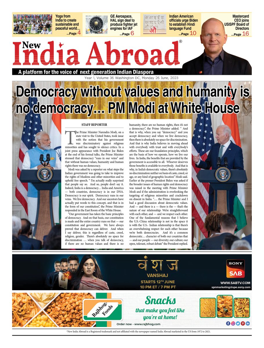PM Modi at White House
Read more:- indiaabroad2.com/newspaper/pm-m…
.
.
#newindiaabroad #IndiaAbroad #Indiaspora #news #IndianAbroad #IndianCommunity #ProudIndian #primeminister #NarendraModi #visit #modi #historical #unitedstate #IndoUSRelations #Modi #democracy @POTUS @WhiteHouse