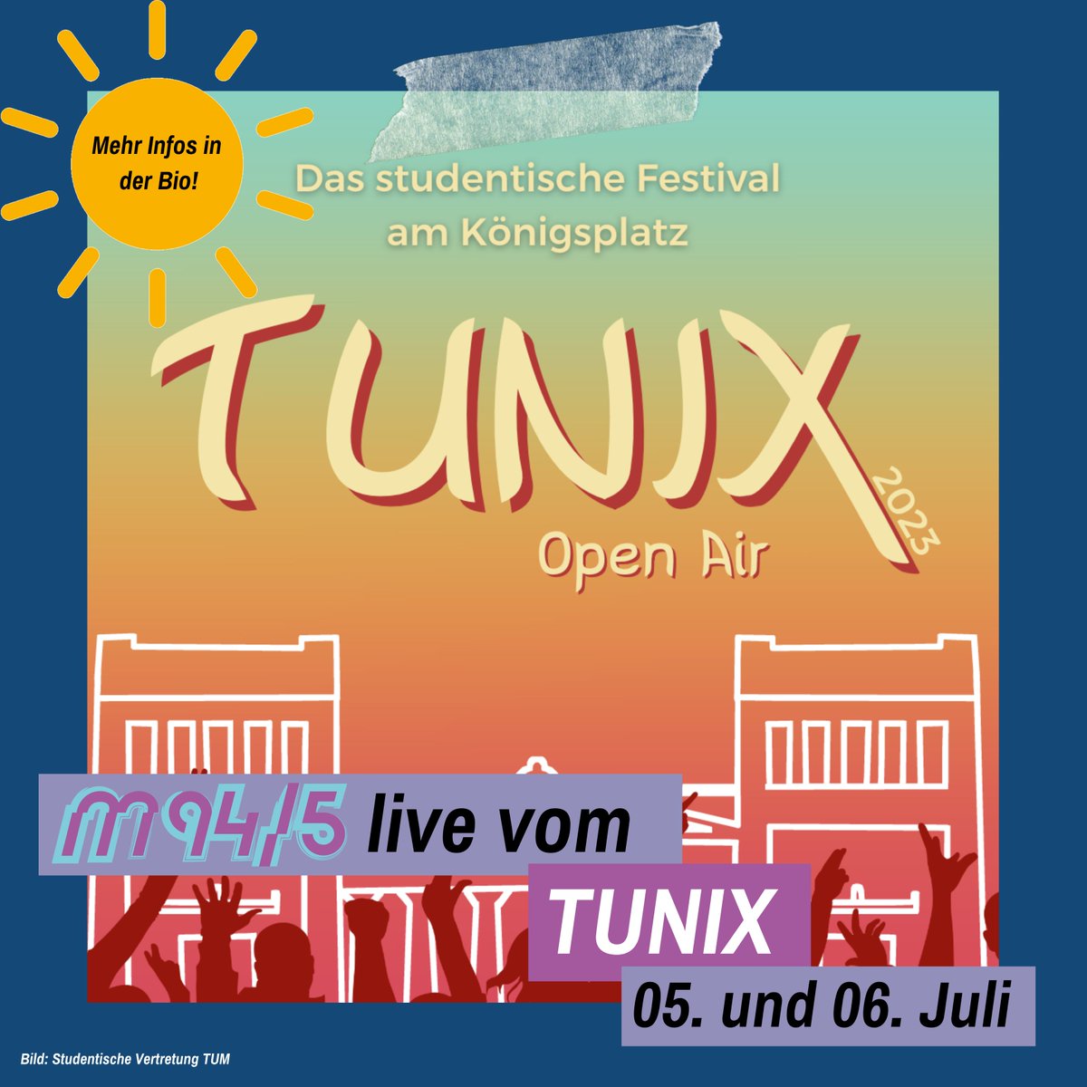 m945's tweet image. Zeit für Open Air! Am 5. und 6. Juli senden wir unsere Hörbar von 15 Uhr bis 18 Uhr live vom TUNIX! 🥳📷Einschalten nicht vergessen!⚠️ @TUNIXOpenAir
@StuStaCulum
#tunix #garnix #stustaculum #unikult #festival #muenchen #m945 #hörbar #reinhören #radio