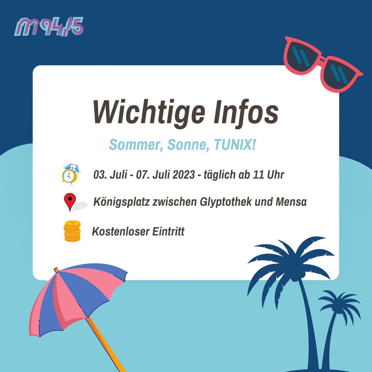 m945's tweet image. Zeit für Open Air! Am 5. und 6. Juli senden wir unsere Hörbar von 15 Uhr bis 18 Uhr live vom TUNIX! 🥳📷Einschalten nicht vergessen!⚠️ @TUNIXOpenAir
@StuStaCulum
#tunix #garnix #stustaculum #unikult #festival #muenchen #m945 #hörbar #reinhören #radio