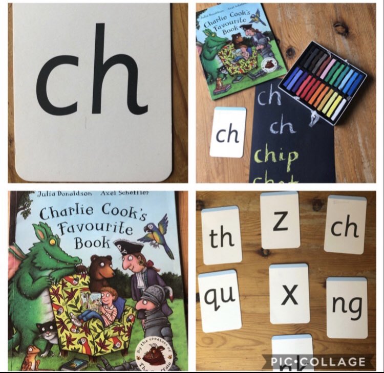 OpyMrs's tweet photo. Linking a story to a new phoneme can really help remind children that the phonemes they are learning are leading the way to learning to read. We are writing with ch ch ch chalk #phonics #literacy #CharlieCooks #JuliaDonaldson #RWI https://t.co/W543mhnmxZ