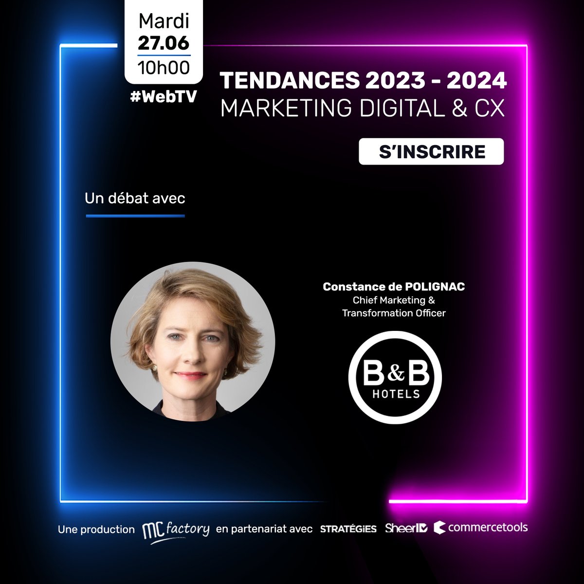 A mi-année, quels arbitrages les directions Marketing Digital comptent-elles réaliser ?
Constance de Polignac, Chief Marketing &amp; Transformation Officer de <a href="/BBHotelsFR/">B&B HOTELS France</a>, en parlera demain à 10h avec <a href="/mc_factory/">Majda CHAPLAIN</a>.
mcfactory.fr/form/table-ron… 
#CollaborationCommerciale #MCFactory_TV