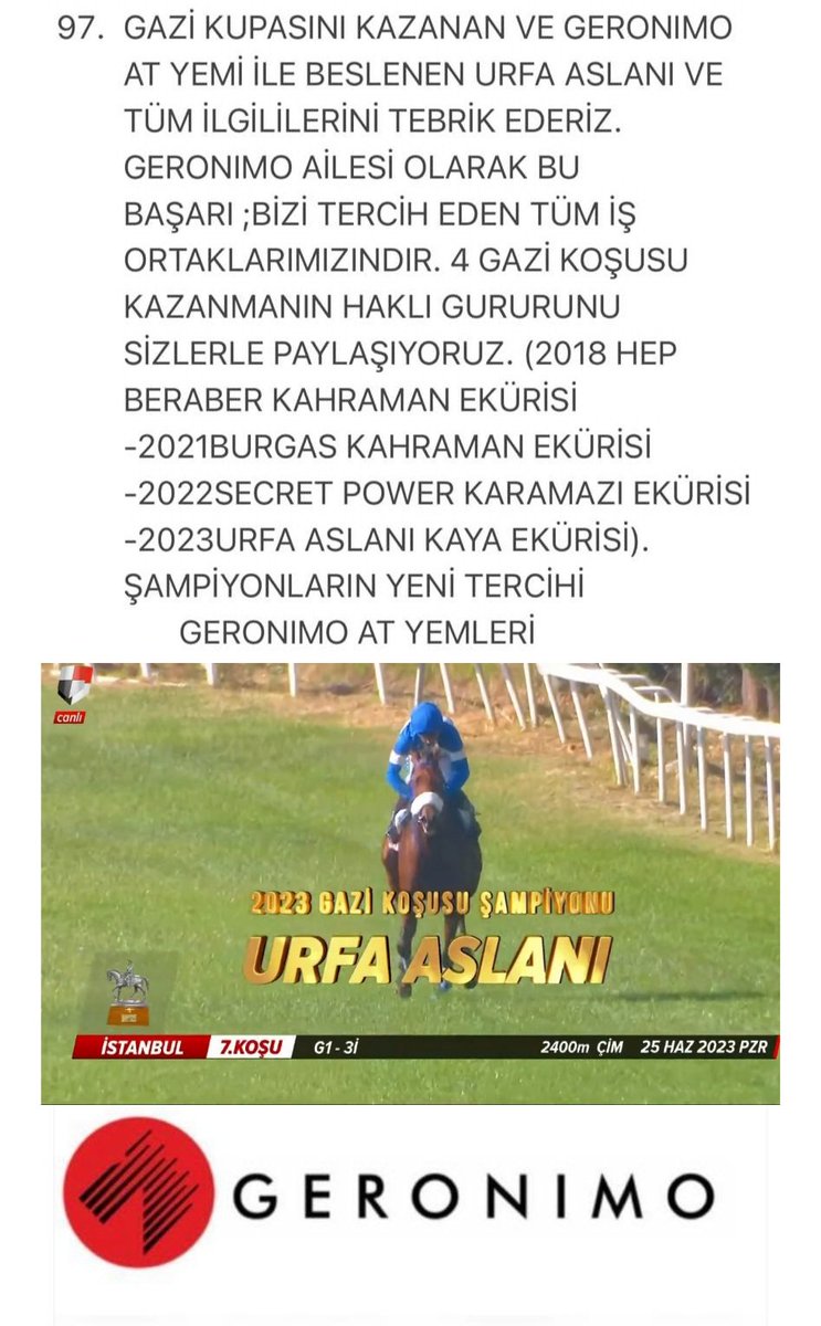 📌 GERONIMO GAZİ'de Seriye Devam Etti ! Üst üste 3. toplamda 4. Gazi Şampiyonu Safkan Şampiyonların Yemi GERONIMO'yla besleniyor... 🏇2023 GAZİ ŞAMPİYONU / URFA ASLANI @KayaAtcilikStud @JokeyMehmetKaya 🏇 🏆Tüm Ekibini Tebrik Ederiz 🏅 @yavuzmertler @aslantepeli4 @KadirParsak