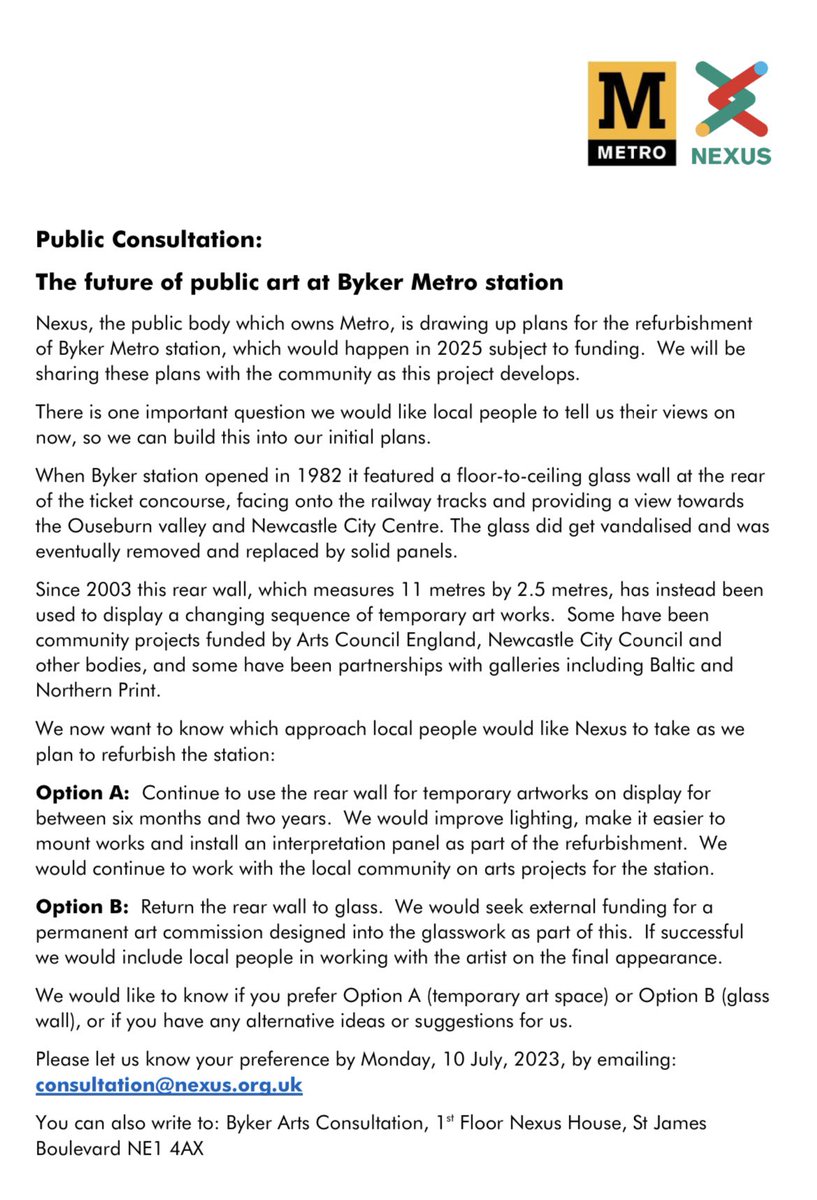 BykerTrust's tweet photo. Public Consultation:
The future of public art at Byker Metro station @My_Metro https://t.co/VHt6M7UzQH