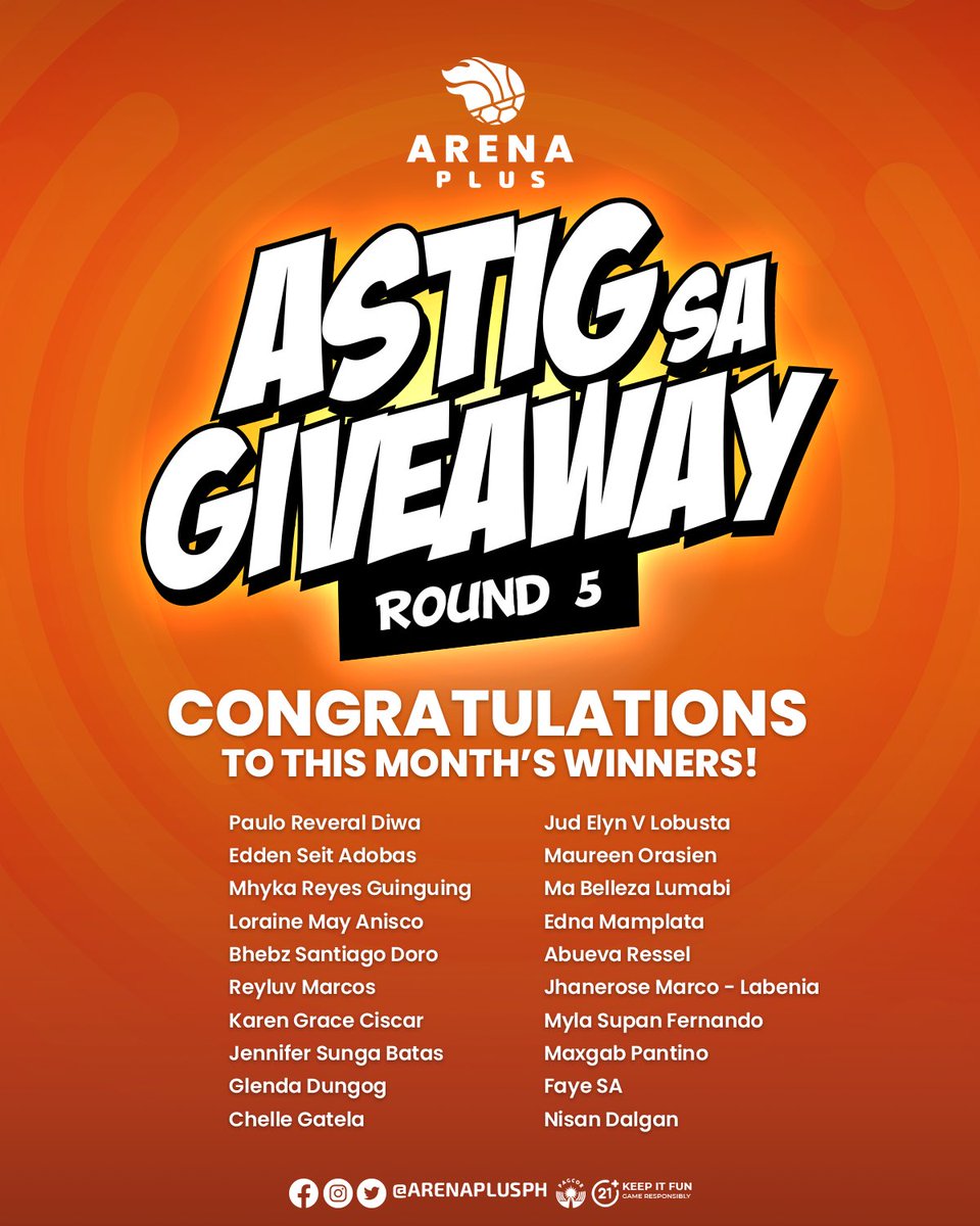 Congrats sa astig na winners natin! Para sa details on how to claim your prize, kindly message us until June 29! 👌🏼

Maraming salamat sa mga sumali! 😊

#ArenaPlusPH #AstigSaSports #AstigSaGiveawayRound5