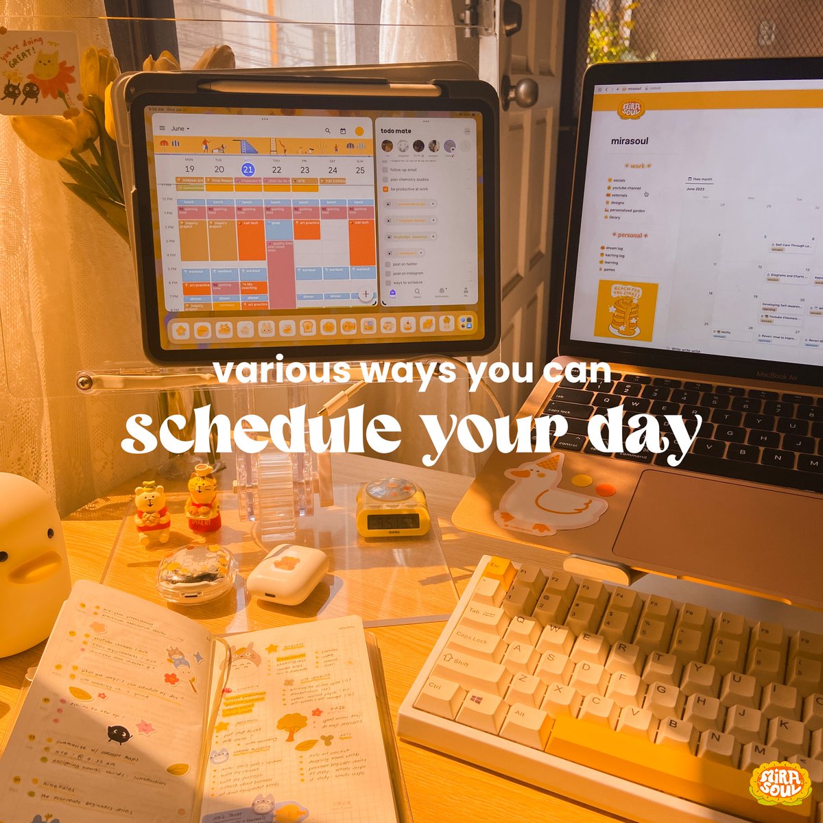 bymirasoul's tweet image. 📒 various ways you can schedule your day 
Can’t figure out how to plan your day? Here are some methods you can try out 💛 You can stick to one method, but you can also try other ways that best suits your current tasks and goals 🌞