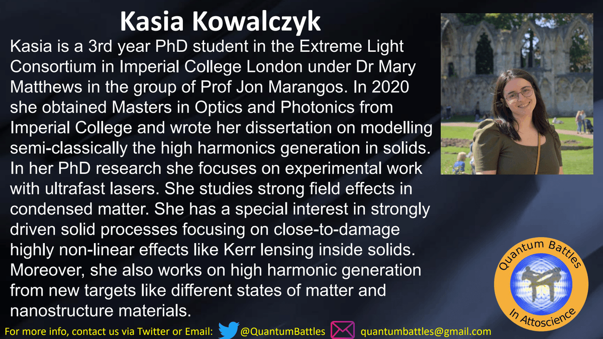 quantumbattles's tweet photo. This Wendesday, the #quantumbattles will commence. The final combatant to be released is Kasia Kowalczyk and we are excited for her to join the "Attoscience of Solids" battle. To learn more about Kasia, read her bio below👇👇👇 https://t.co/rh2zZ42iKs