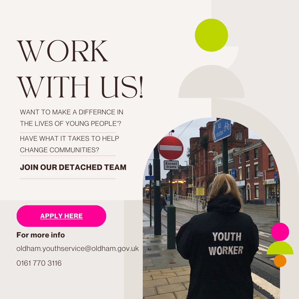 We are looking for detached youth workers.  Are you wanting a new challenge? Do you want to make a difference in young people's lives? Why not apply to join our team.  greater.jobs/search-and-app… #Oldhamhour