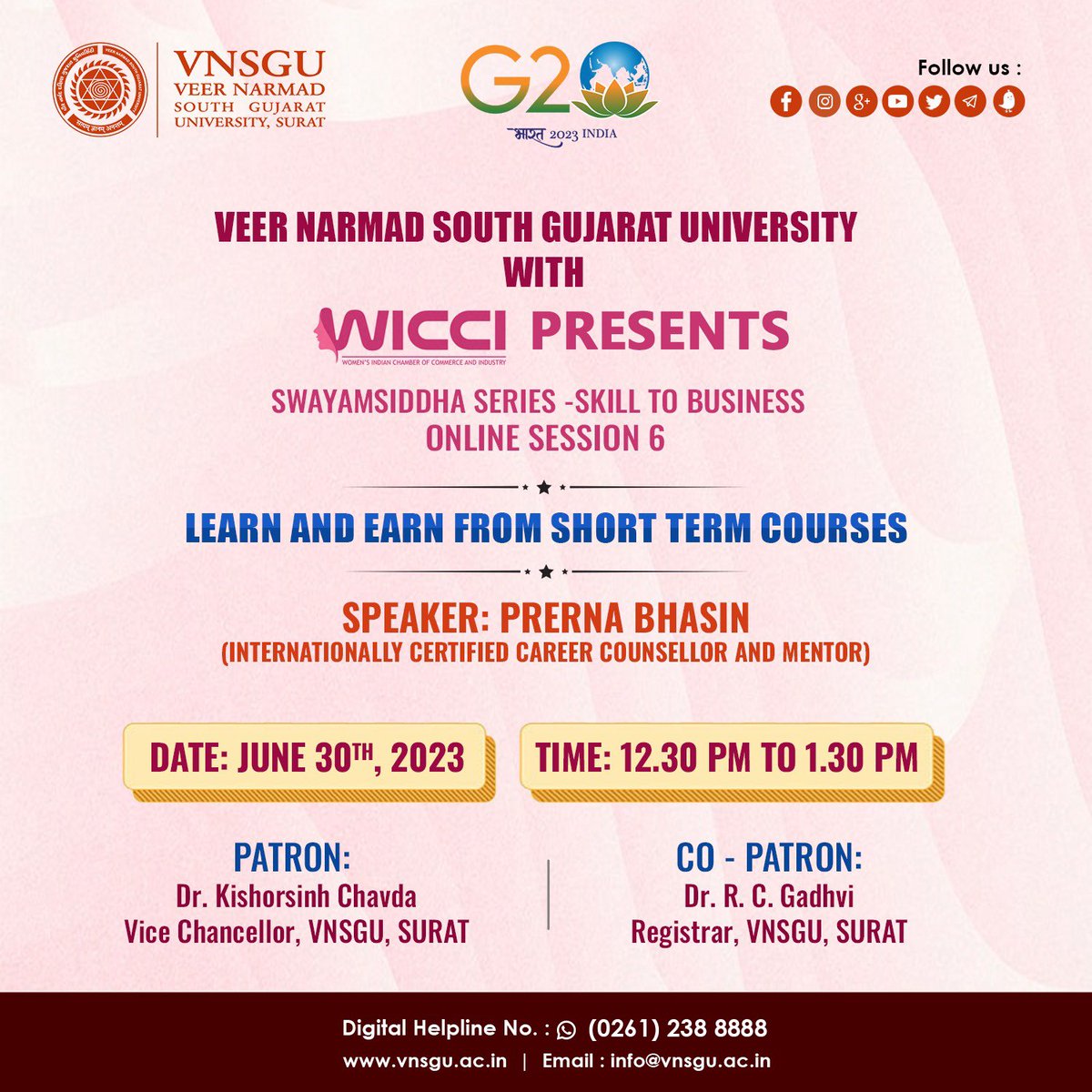 Veer Narmad South Gujarat University is inviting you to a scheduled Zoom meeting.

Topic: LEARN AND EARN FROM SHORT TERM COURSES
Time: Jun 30, 2023 12:30 PM India

Join Zoom Meeting
zoom.us/j/94286038701?…

Meeting ID: 942 8603 8701
Passcode: 123456
.

.