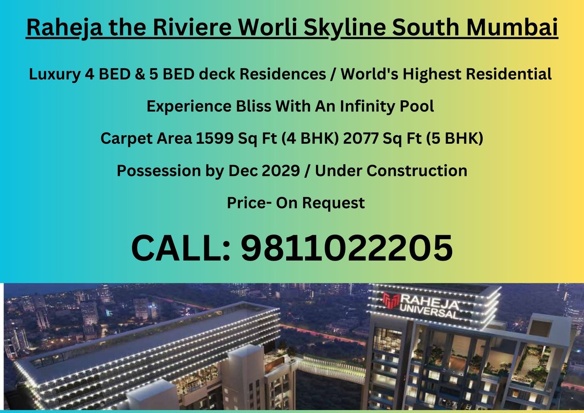 Contact Us
9811022205/ 9990065550
Email: settlersindia@gmail.com  
Website: settlersindia.com 

settlersindia.com/properties/rah…

#raheja #theRiviere #WorliSkyline #southmumbai #apartments #4&5bhk