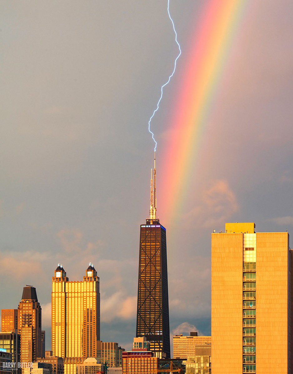 Collision Course.  Lightning and a Rainbow at the Hancock on this day in 2020.  This image is in my new book on page 49, "Chicago - Morning, Noon &amp; Night" .  Pre-sale order at barrybutlerphotography.com/books/morningn…    #chicago #weather
