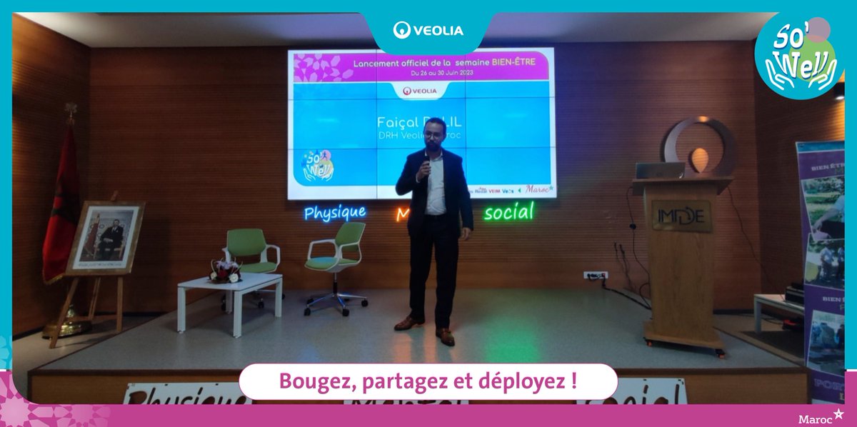 Veolia_MA's tweet photo. "Ce programme viendra consolider les initiatives existantes tout en instaurant de nouvelles actions visant à optimiser l'#équilibre, le #bienêtre et la #cohésion, au profit de tous" Dixit notre DRH Veolia Maroc M. @FDalil1  lors de cette belle cérémonie!
#SoWell
@Veolia https://t.co/Uvw6xx96sc