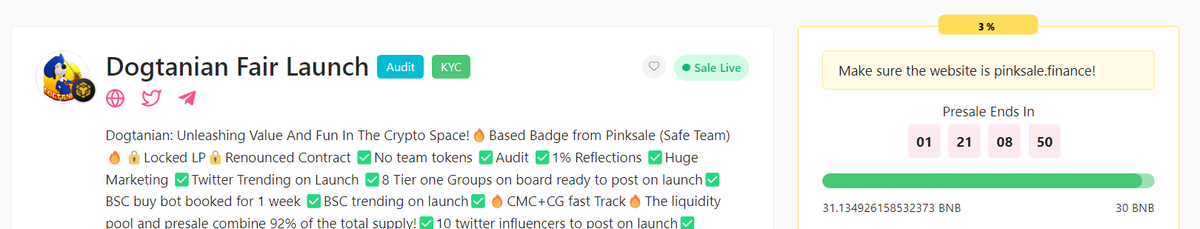 Our presale soft cap has been reached in less that 3 hours!!! 

Presale on for 2 more days 

Grab your bag!

Presale link shorturl.at/esHI3

#Dogtanian #DGT #Pinksale #memecoin #Moonshots #Crypto #cryptocurrency #cryptotrading #bnb #elon #musk #doge #now #BSC #bscgem