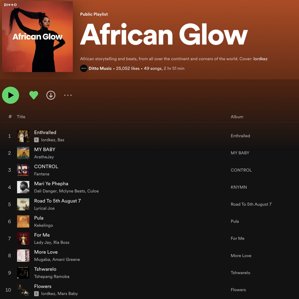 🧚Little updates to African Glow playlist with some bangers ++ ✨@longlivelordkez cover for her track with @Bas ++💫 new music additions from @arathejay @iamfantana @Mugabaofficial x @greeneamani @DALiii_Danger @_Lyricaljoe @Kekelingomusic @TshepangRamoba @Ke_yaah x @greeneamani