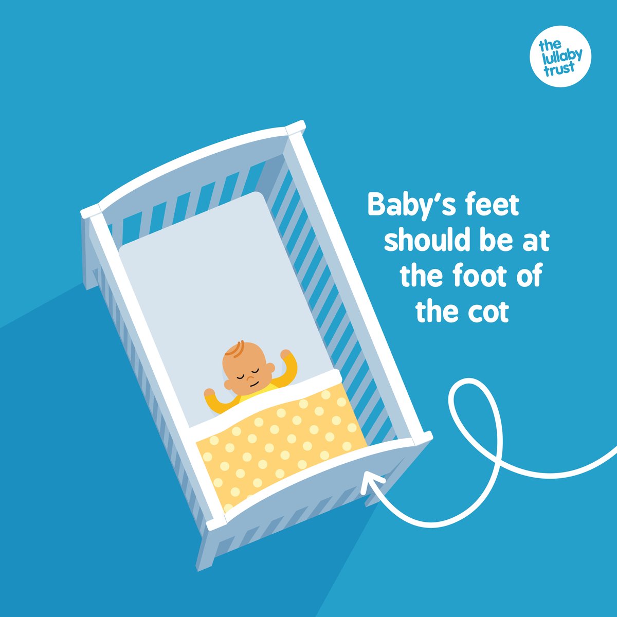 Babies should sleep in the ‘feet to foot’ position, meaning their feet are touching the foot of the cot, moses basket or crib. 
- 
Babies are at a higher risk of SIDS if their head gets covered. The feet to foot position helps stop them wriggling under the blanket. #SaferSleep