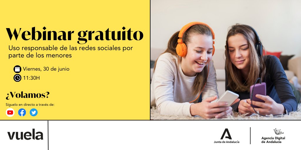 AndaluciaVuela's tweet photo. 📣¡Celebramos el Día de las #RedesSociales en #AndalucíaVuela con un webinar gratuito!📲
Aprenderemos cómo los menores pueden hacer un uso responsable de estas plataformas y algunas herramientas de control parental.

📆30/06 
⏰11:30H
¿Te apuntas? 👉🏻https://t.co/2QhMulzk8x

#VuelaenRedes #AndalucíaDigitalizADA
