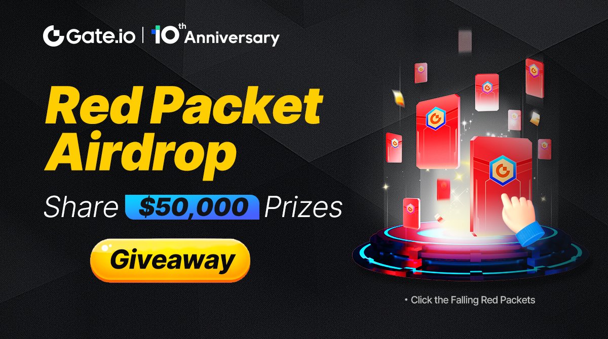 Gate's tweet photo. https://t.co/8kWqgEeplL 10th Anniversary
🧧$50,000 Red Packet #Airdrop!

🌟Click the falling Red Packets &amp; win fancy prizes:
https://t.co/47rLqJauuq 

🎁RT with #GateioTurns10 &amp; Win More #Giveaway
JOIN NOW: https://t.co/yLIBEkp4gM 
🕰End at 16:00, June 29 (UTC) https://t.co/8vU3lbJ05y