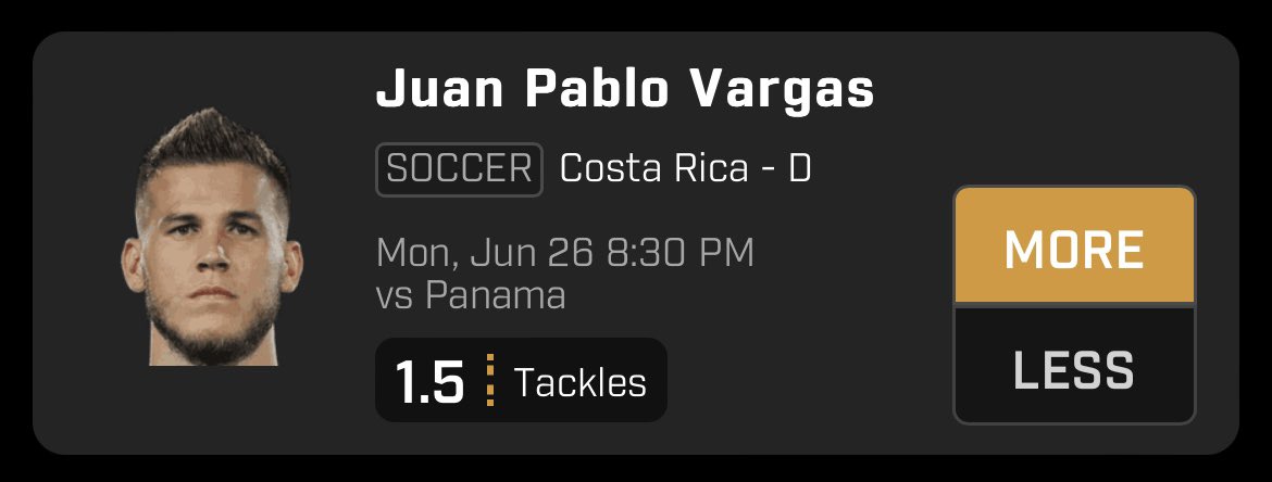 Another one I don’t love but here y’all go

🎯Hit his last 4 games
🎯Played Panama a couple months ago and had 7 tackles

#GamblingTwitter #DraftKings #PrizePicks #PlayerProp #PrizePicksPOTD #POTD #Underdog  #Football #Soccer #SoccerPicks