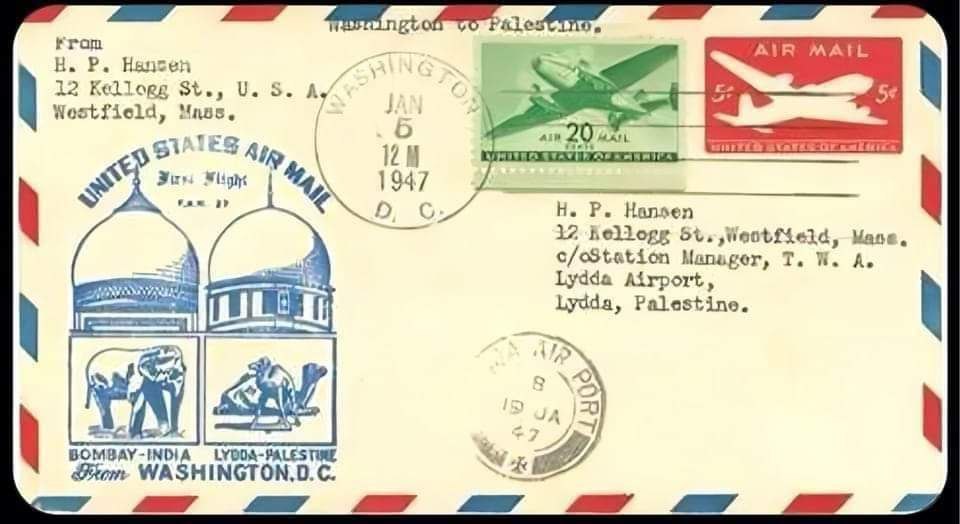 An American stamped mail in Washington confirming the arrival of a letter at Lydda Airport in Palestine, 1947. #AllAboutPalestine #PalestinianHistories #HistoryOfPalestine