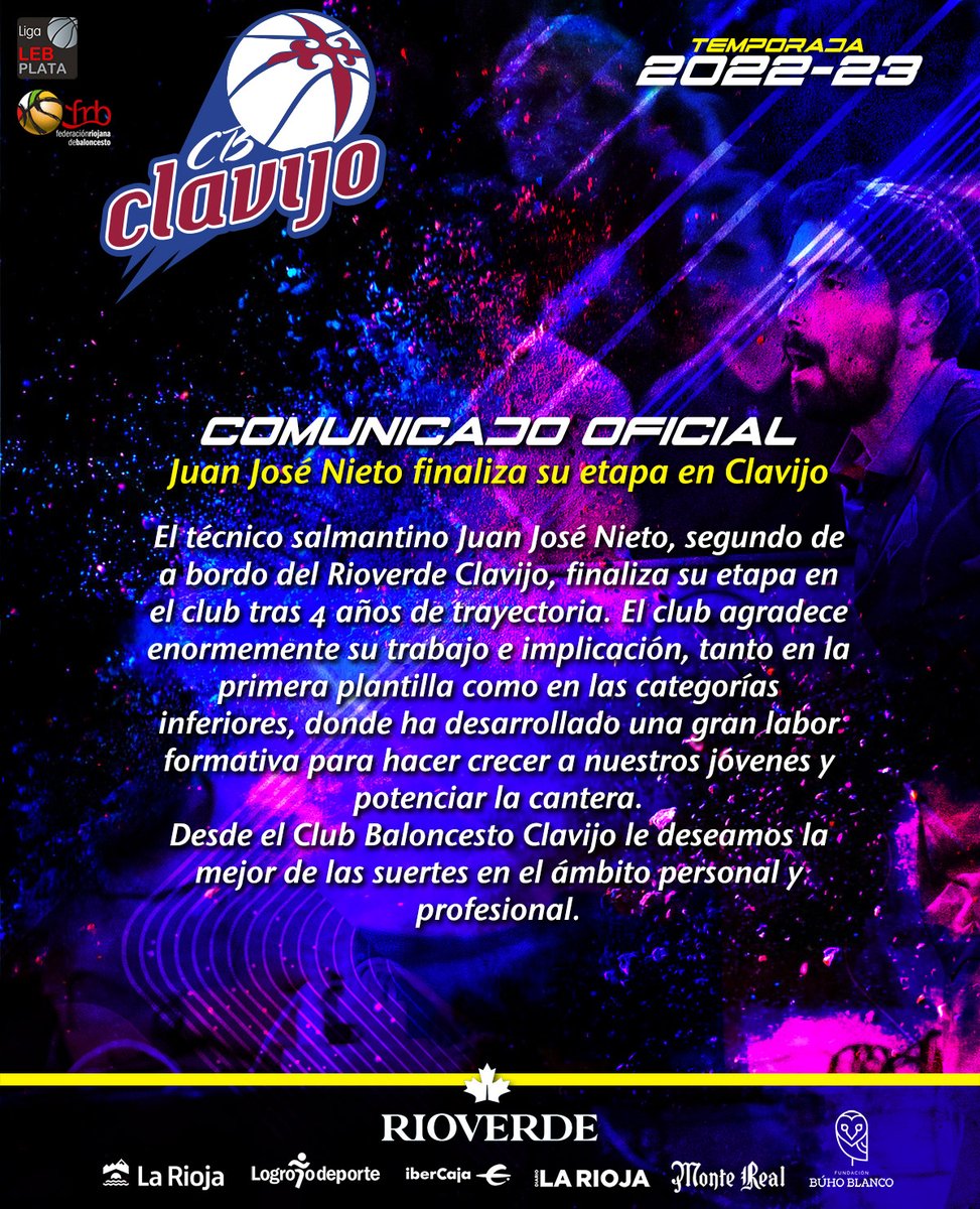 CBCLAVIJO's tweet photo. 🏀 COMUNICADO OFICIAL 🏀
@JJNieto finaliza su etapa en @CBCLAVIJO 

El técnico Juan José Nieto finaliza su etapa tras 4 años de trayectoria. El club agradece enormemente su trabajo e implicación, tanto en la primera plantilla como en las categorías inferiores.

Gracias, Juanjo 💙 https://t.co/7FVdfaTown