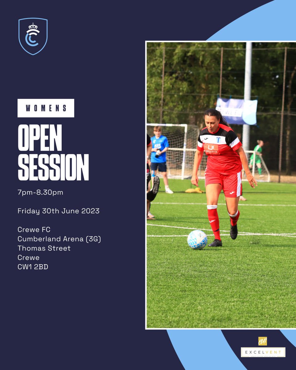 CreweFC's tweet photo. 𝗪𝗢𝗠𝗘𝗡𝗦 𝗢𝗣𝗘𝗡 𝗦𝗘𝗦𝗦𝗜𝗢𝗡

🗓️ Friday 30th June 2023

🕖 7pm-8.30pm

🏟️ @crewefc, Cumberland Arena (3G), Thomas Street, Crewe, CW1 2BD 

👥 𝘾𝙝𝙚𝙨𝙝𝙞𝙧𝙚 𝙒𝙤𝙢𝙚𝙣’𝙨 𝙖𝙣𝙙 𝙔𝙤𝙪𝙩𝙝 𝙁𝙤𝙤𝙩𝙗𝙖𝙡𝙡 𝙇𝙚𝙖𝙜𝙪𝙚 (11-a-side football)

👋🏻 See you there https://t.co/YFqBPkbpA8
