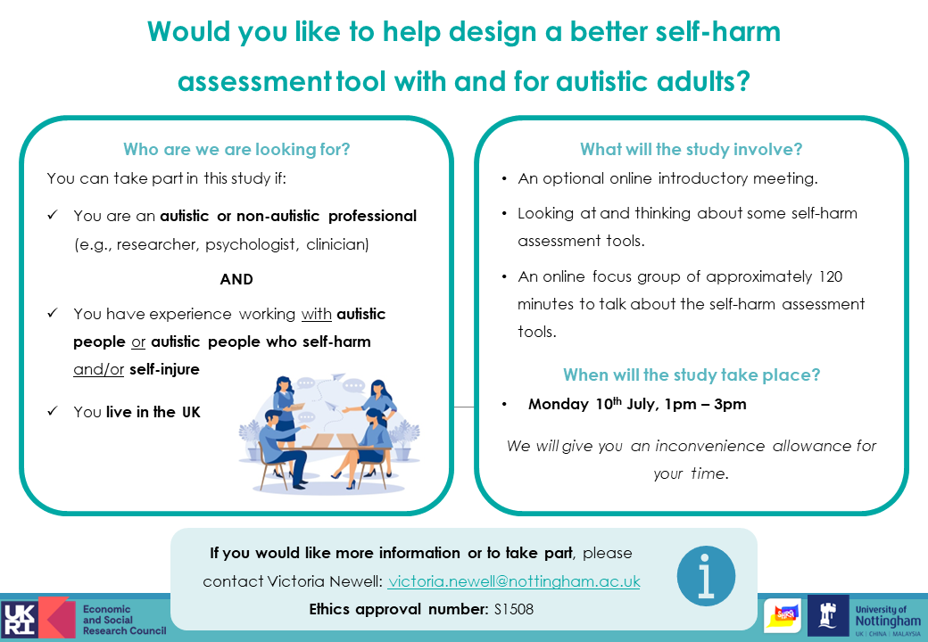 victorianewell_'s tweet photo. I am still looking for #autistic people with lived experience of #selfharm and/or #selfinjury, and #professionals who work with autistic people, to take part in a small focus group on existing self-harm assessment tools. 

Please RT and share ✨ #AskingAutistics #AutisticTwitter https://t.co/0f56qnJhPq