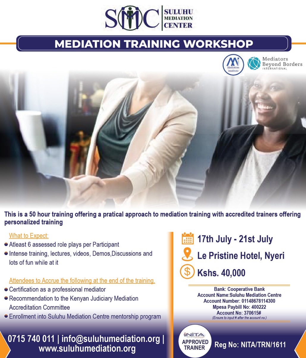 Join us for an empowering Mediation Training Workshop in the serene setting of Nyeri at the prestigious Le Pristine Hotel.

Don't miss out on this transformative opportunity! 

Register now bit.ly/3fNV81n and embark on a journey towards becoming a skilled mediator.