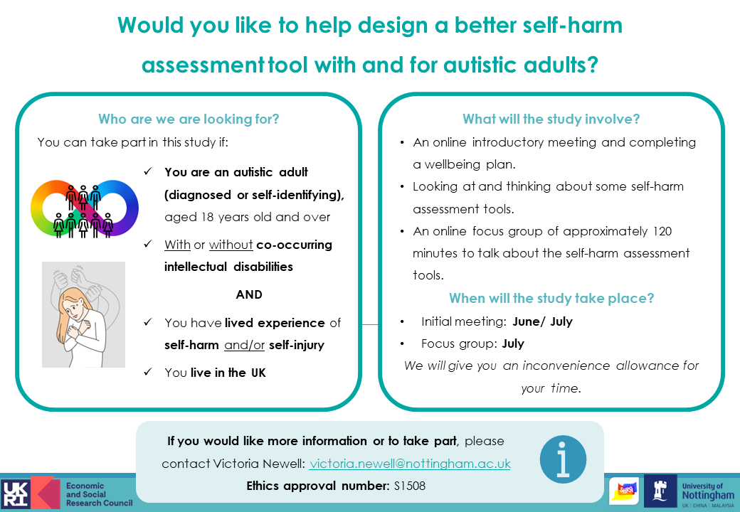 I am still looking for #autistic people with lived experience of #selfharm and/or #selfinjury, and #professionals who work with autistic people, to take part in a small focus group on existing self-harm assessment tools. 

Please RT and share ✨ #AskingAutistics #AutisticTwitter