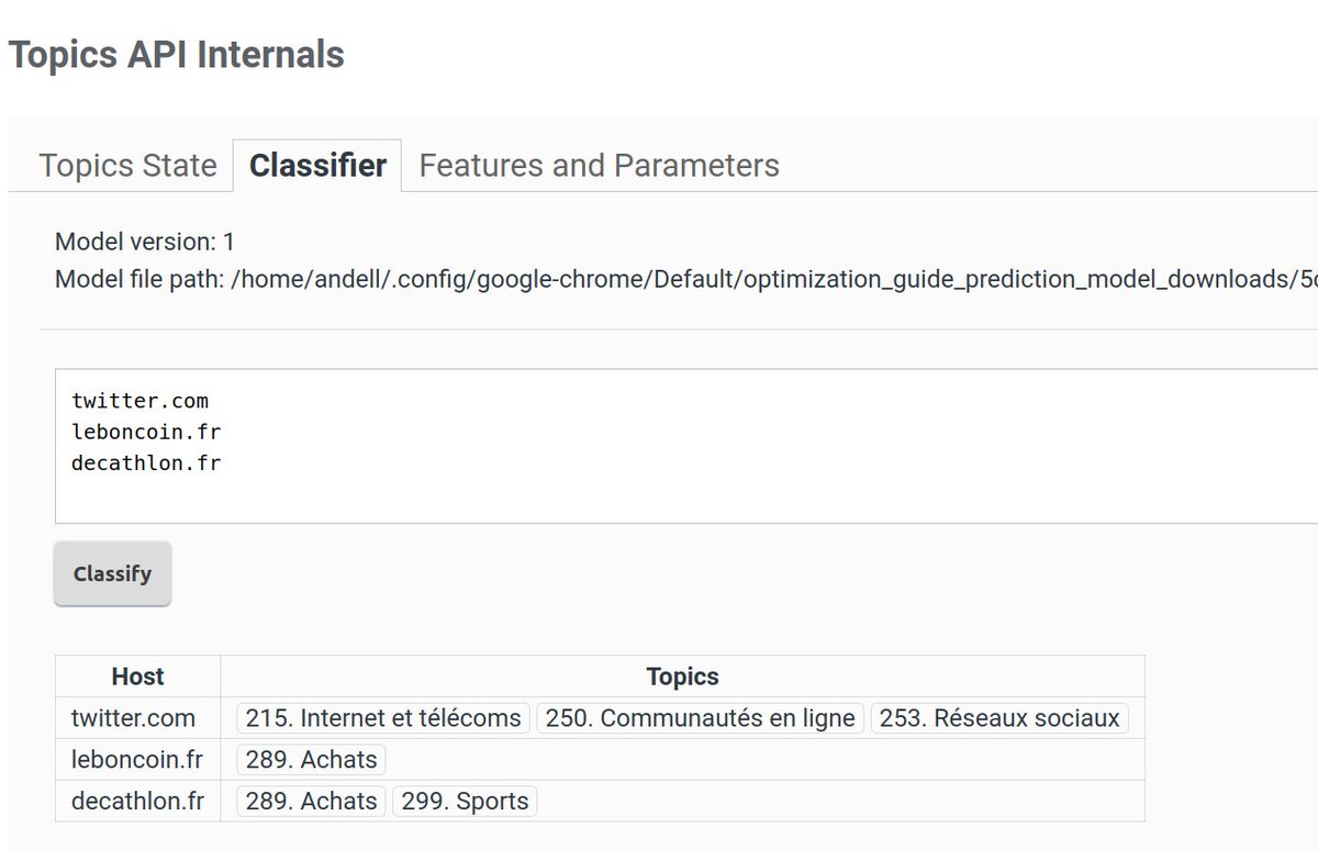 Connaitre la thématique "topics" dont "Google" a classé votre site :

Allez avec Google Chrome sur l'adresse : chrome://topics-internals/

Pensez à activer les dépendances via : chrome://flags/

Et dans l'onglet Classifier : mettez les ndd
