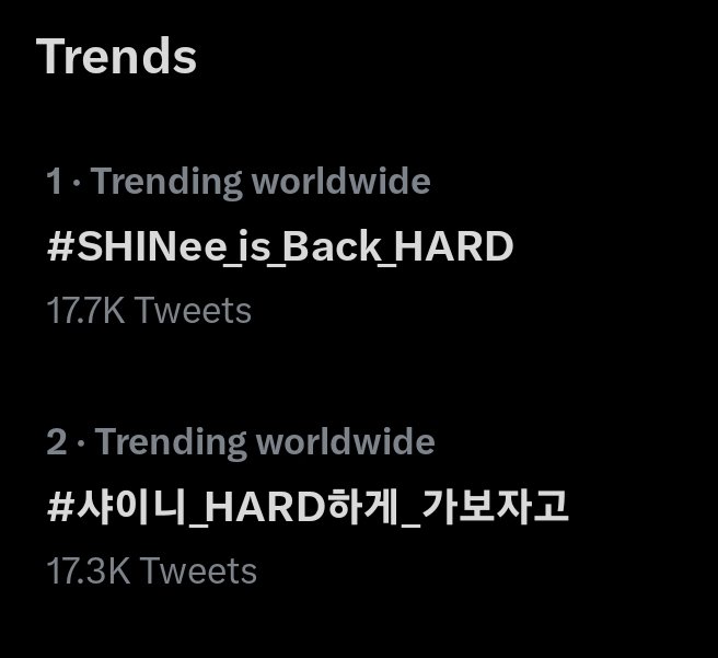 LOOK WHO IS TRENDING #1 AND #2 WORLDWIDE 🔥
#샤이니_HARD하게_가보자고
#SHINee_is_Back_HARD