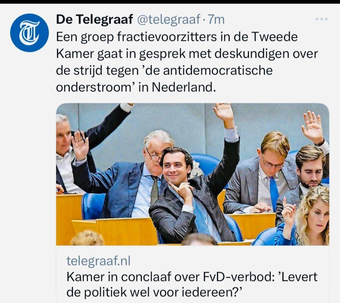 Dat Nederland geen democratie meer is moet toch iedereen duidelijk zijn. Ook de linkse deugneuzen. Maar als dit doorgaat zijn we officieel een dictatuur. Maar ze zijn zo bang. Want ik denk dat FvD meer zetels krijgt bij nieuwe verkiezingen. En dat weten ze.