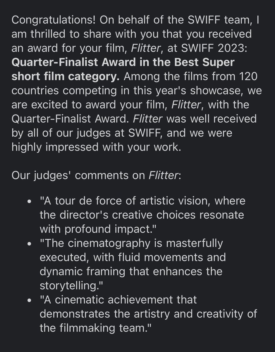 Amazing! Out of 627 films 🎥 #swiff #filmfestival “Flitter” available on #youtube 

#actor #actorslife #onset #setlife #filmmaking #filmmakinglife #director #producer #writer #directorofphotography #cinematography #1stad #editing #composer #sounddesign #teamworkmakesthedreamwork