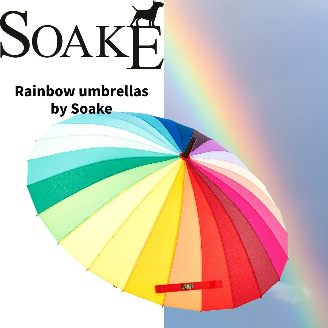 A fantastic collection of rainbow themed umbrellas by Soake. #soake #rainbowumbrella #soakerainbow #soakeumbrellas
