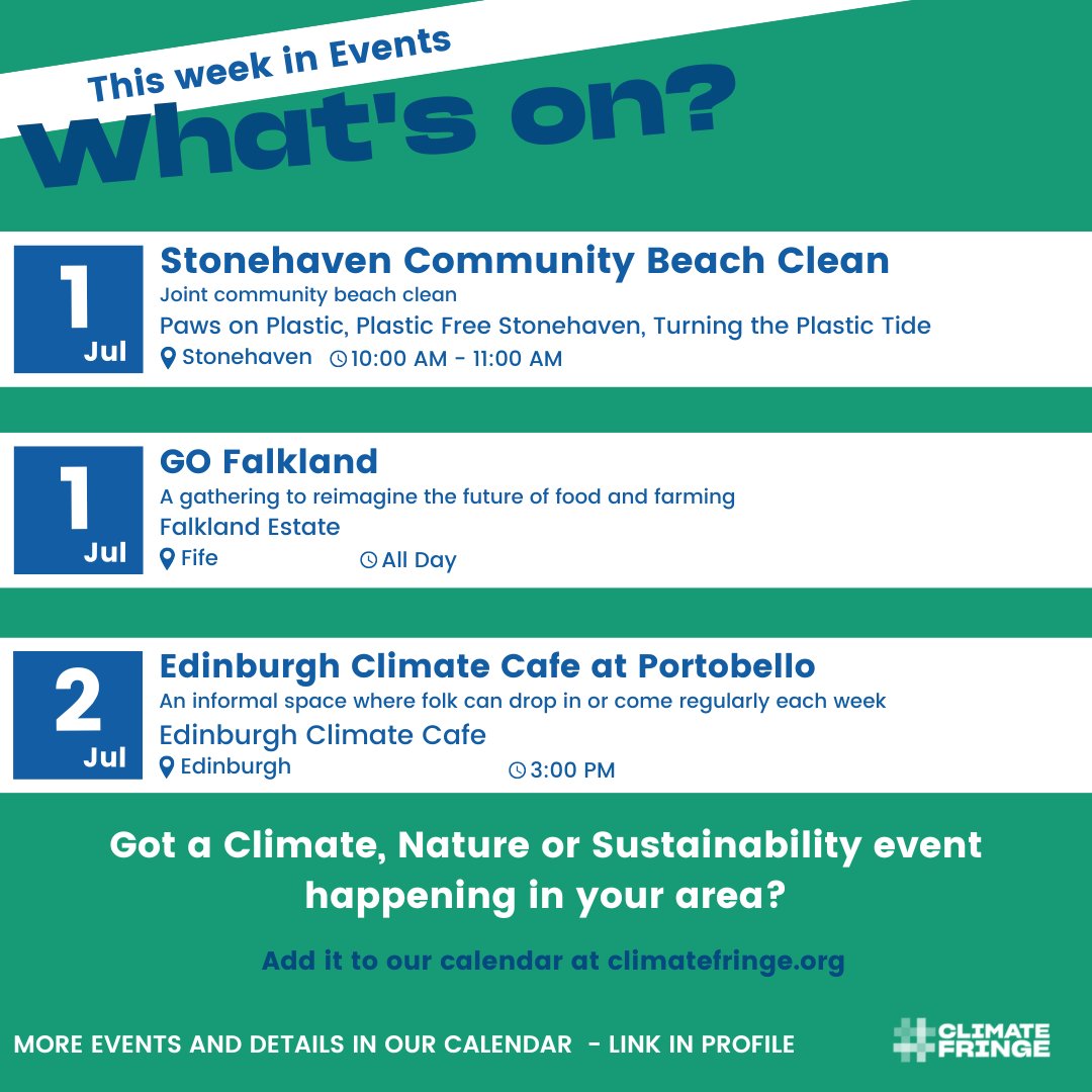 What's On! ☀️

Check out this week's climate, nature and sustainability events in Scotland!

Got an event happening in your area? Add it to our calendar!

#WhatsoneScotland #Whatson #climateevents #natureevents #communityevents