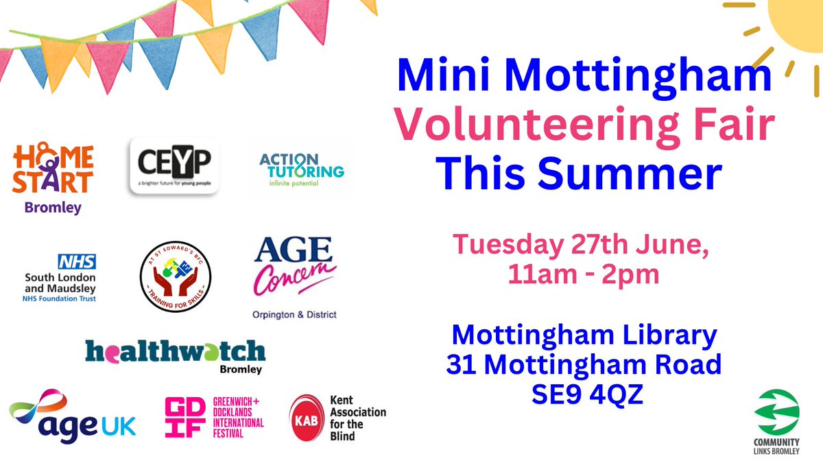 Want to volunteer for a local charities to meet new people? acquire new skills? Why not pop into the Mini #Mottingham Volunteering Fair tomorrow at Mottingham Library. No appointment necessary. @MBLR_Mott