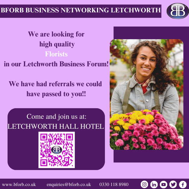 BforB Business Networking Club Letchworth | BforB UK
 
Our business forum is looking to pass work to Local #Florists

Go to our Website at: bforb.co.uk/?utm_campaign=…

#businessnetworking #networking #letchworth #hertfordshire #hertforshirebusinesses #business #bedford #florists
