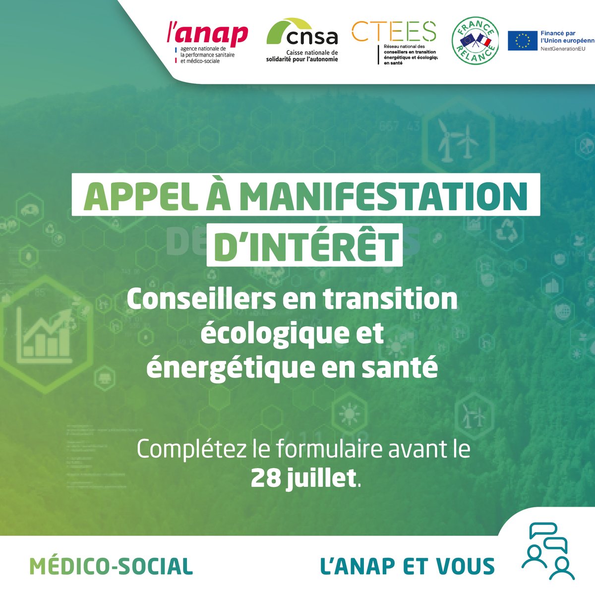 anap_sante's tweet photo. Conseillers en transition énergétique & écologique en santé (#CTEES) : de nouveaux financements @CNSA_actu disponibles pour les établissements médico-sociaux 👀
🗓️ Candidatez avant le 28/07 👉 https://t.co/PLuhojuh37 https://t.co/q4lI4recnp