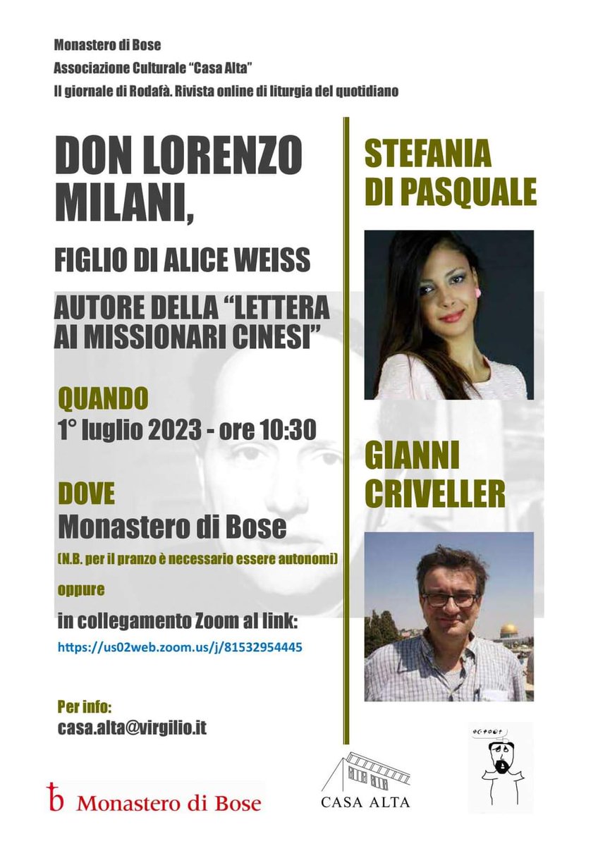 57 moriva don Lorenzo Milani. Quest'anno il suo centenario.
Sabato 1 luglio a Bose per conoscere Alice Weiss, sua madre. 
Mi è stato chiesto dei riferimenti alla Cina di don Lorenzo e le lettere ai missionari cinesi Esperienze pastorali (1957). bit.ly/3pkEqfi