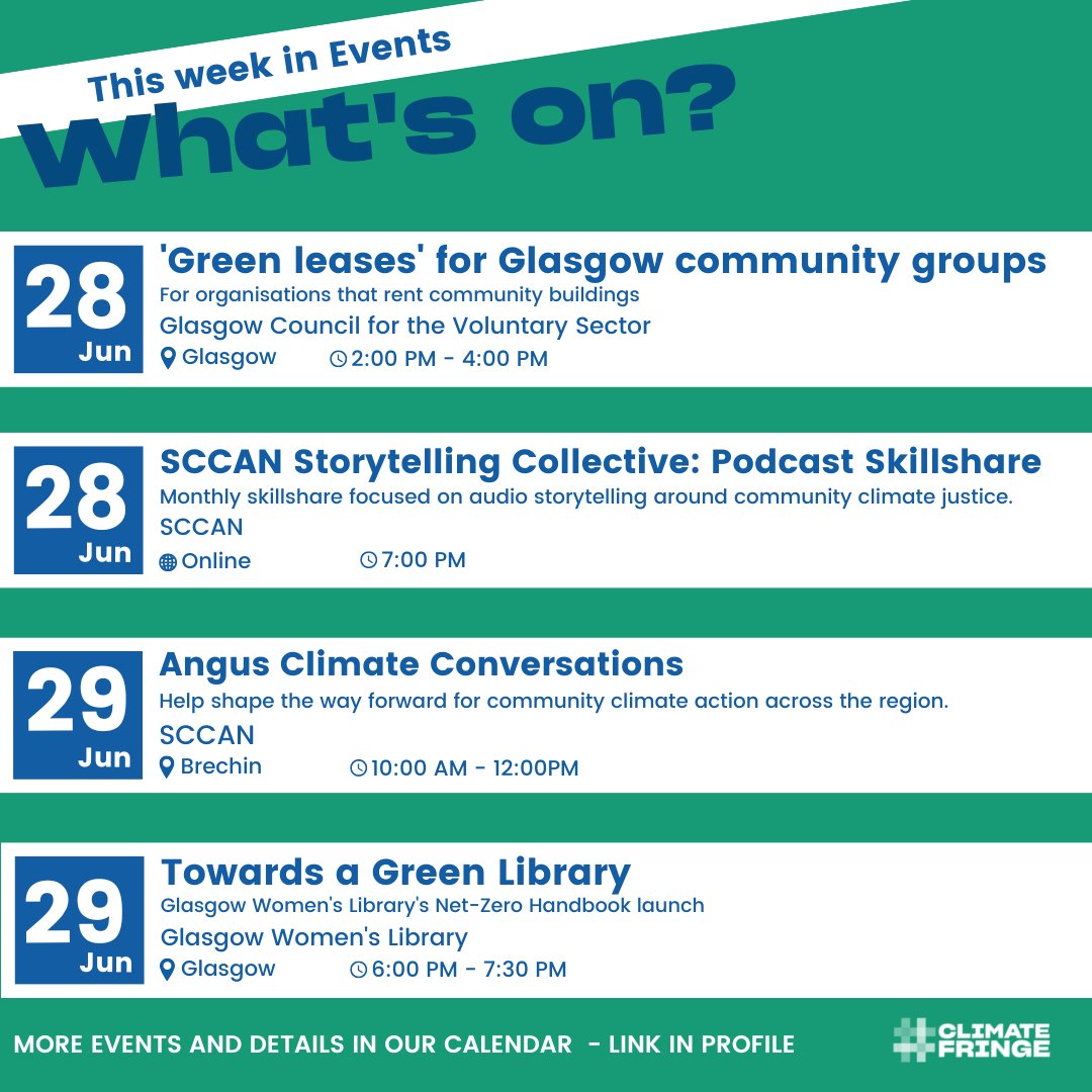 ClimateFringe's tweet image. What's On! ☀️

Check out this week's climate, nature and sustainability events in Scotland!

Got an event happening in your area? Add it to our calendar!

#WhatsoneScotland #Whatson #climateevents #natureevents #communityevents