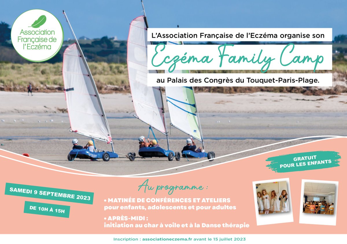 asso_eczema's tweet photo. Nouvel Eczéma Family Camp !
Le 9 septembre à partir de 10h au Touquet - cc @le_touquet
Au programme : Ateliers photo, estime de soi, éducation thérapeutique et CHAR A VOILE 😃
Inscription OBLIGATOIRE - Places LIMITEES, juste ici 👉 https://t.co/7oXuqtWUkY
#Charavoile #eczemacamp https://t.co/i3KcQMPtEC