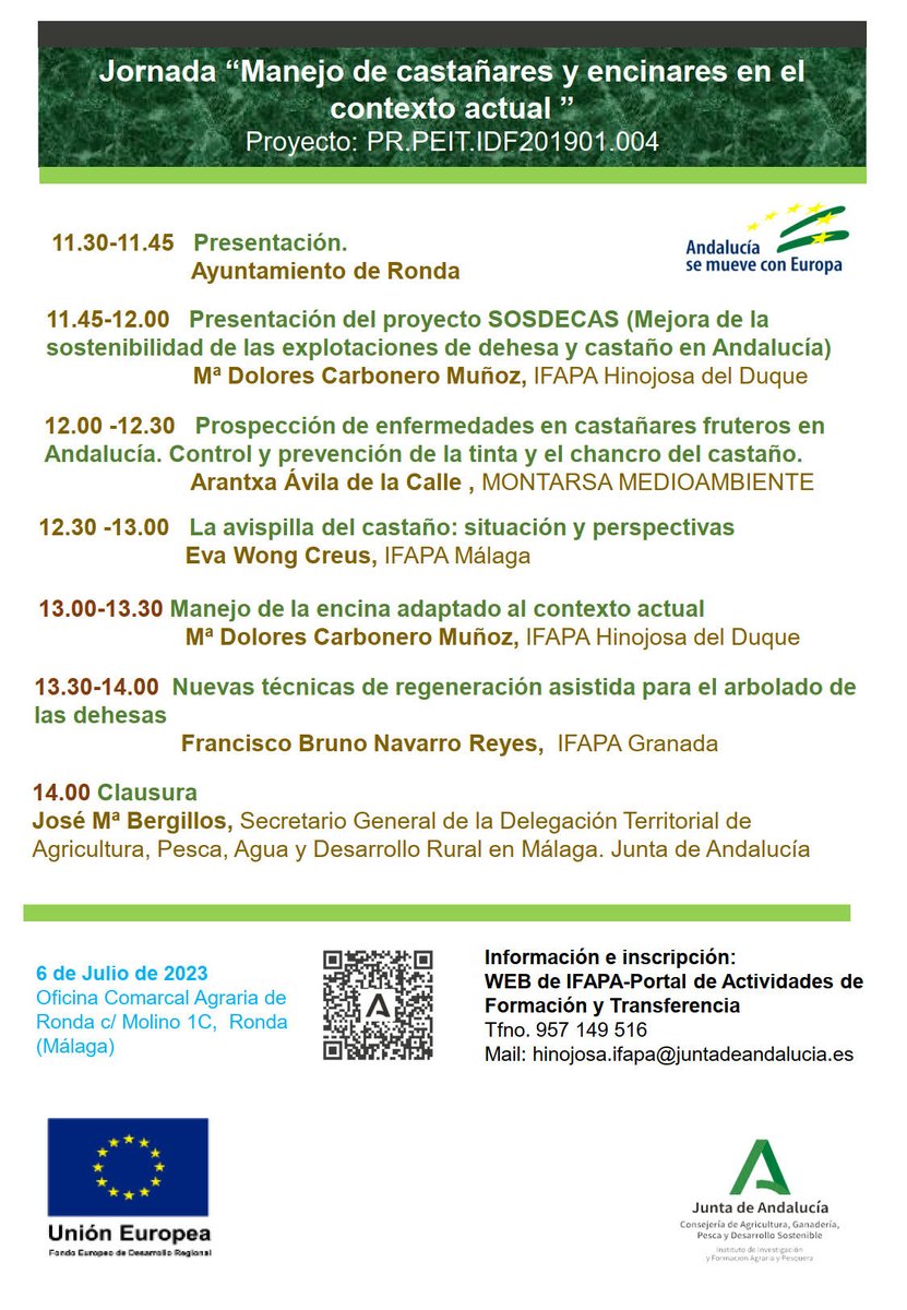 IfapaJunta's tweet photo. 🌳 Jornada 'Manejo de castañares y encinares en el contexto actual'

🗓️ 6 de julio 
⌚️11:30-14:00
📍 Oficina Comarcal Agraria de #Ronda, Málaga
✍️🏼https://t.co/BsuK39iS6M

#IFAPAforma #cursos #formación https://t.co/6ZhfRvz1Nv
