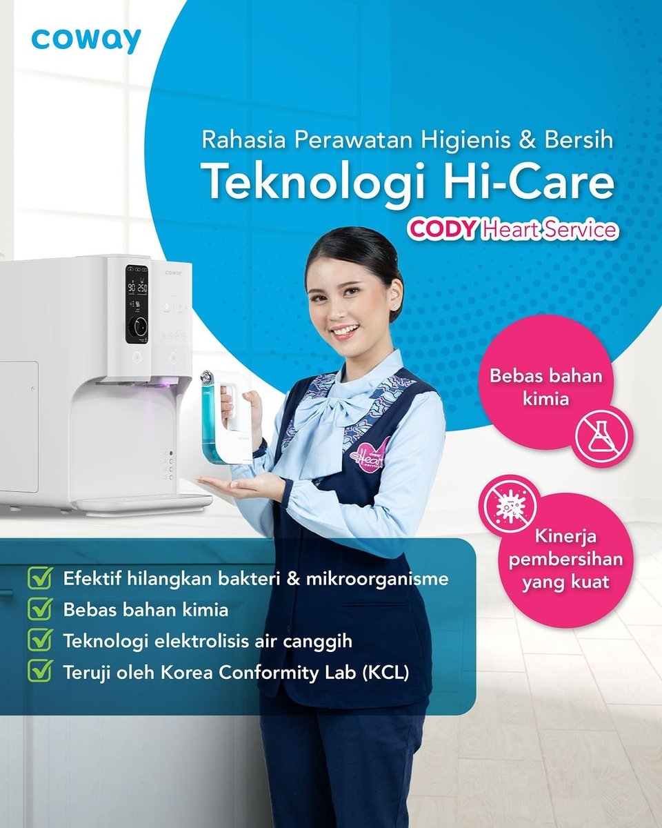 ICowaypurifier's tweet photo. Perawatan Produk Higienis hanya dari Cody Heart Service menggunakan teknologi yang aman dan teruji dari Korea Conformity Laboratorium. Gak perlu khawatir lagi kehigienisan dan menjaga produk tetap awet https://t.co/d182MXghK5
