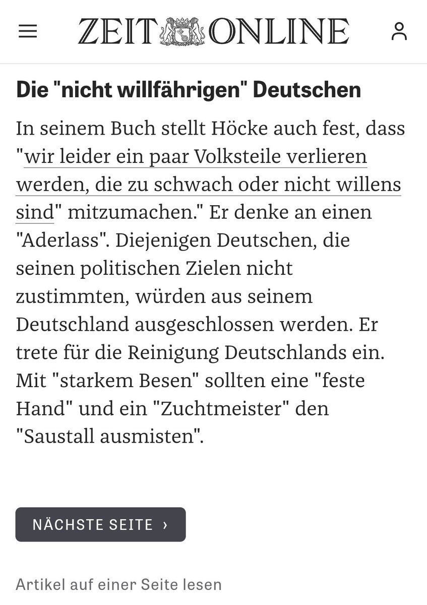 Ich glaube viele wissen nicht, was Höcke mit der AfD und Deutschland vorhat: Hier der ganze Artikel aus der 'Zeit': zeit.de/politik/deutsc… #AfDVerbotSofort