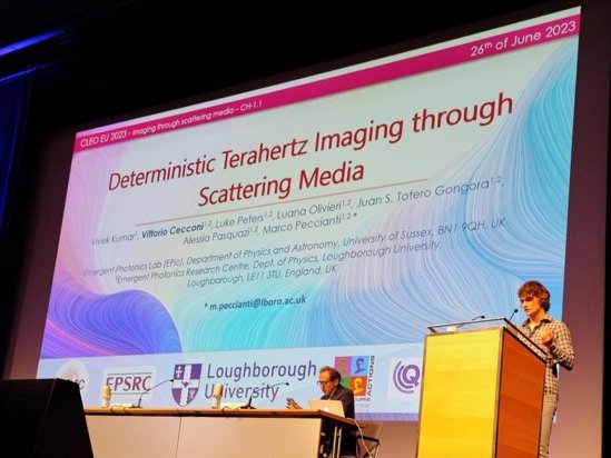 EPICXPhoton's tweet photo. Starting day at #CLEOEurope! Early wake up for the inspiring talk by Vittorio Cecconi @CecconiVittorio of @EPICXPhoton @LboroPR on 'Deterministic Terahertz Imaging through Scattering Media.' Kudos to @vosonite @airbadfly @Luana @jstotero, Alessia Pasquazi, @Trycage. https://t.co/AXJNrQZzTc