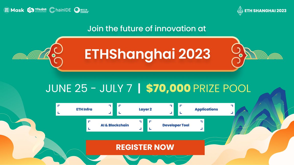 EthereumSH's tweet photo. 1/ Everything you need to know about ETHShanghai 2023 ⚡️

🗓️ Date: 6.25 - 7.07 (GMT+8)
🏠Community: https://t.co/zx6wKpFiV4
🌐 Register: https://t.co/l2w846HXfV (Before July 1st)
🗳️ Submission: https://t.co/h4BTxHgbQs
🚩OnBoarding: https://t.co/2G8LEtoYNA
💰Prizes: $70,000+ https://t.co/ipzhELFiOd