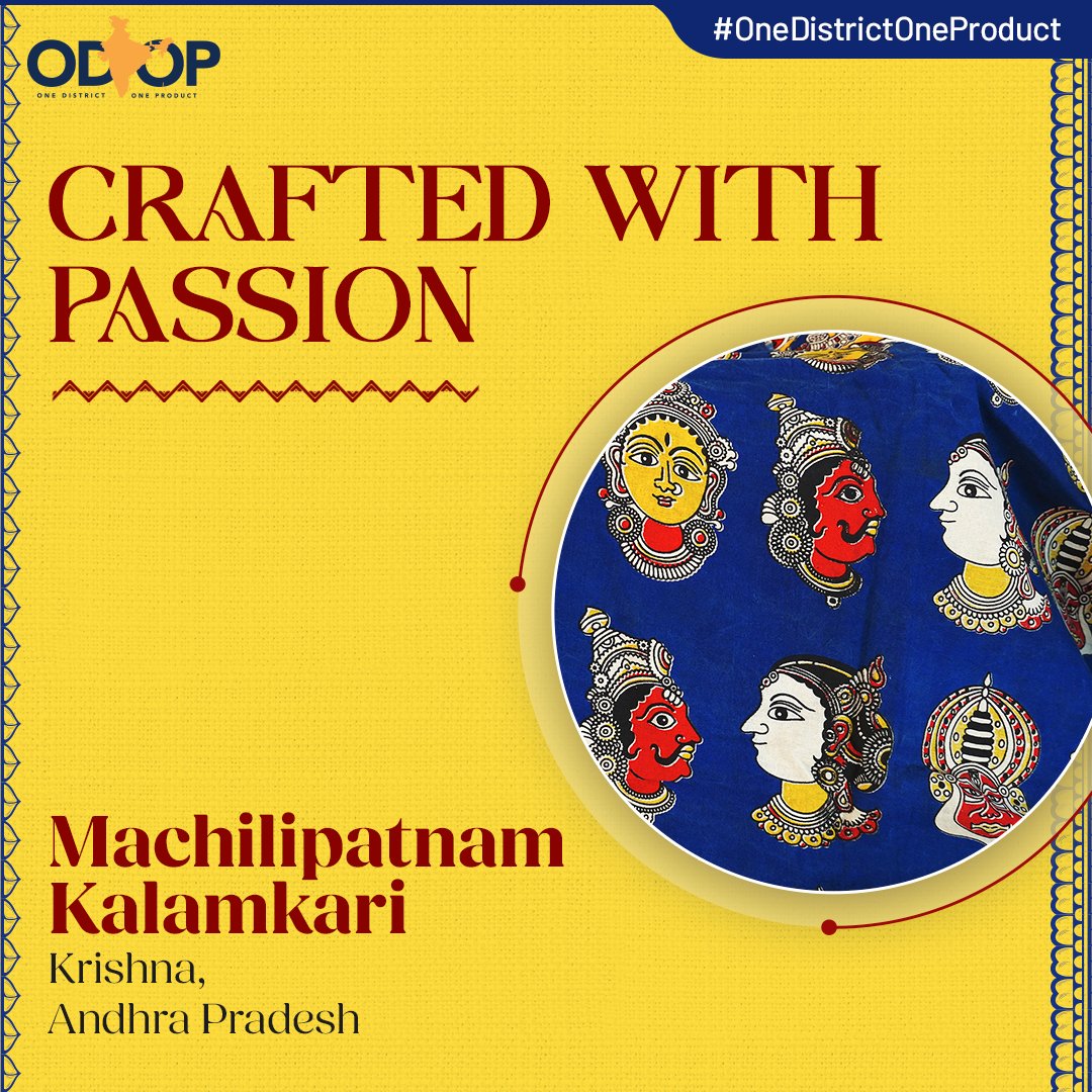 #OneDistrictOneProduct

Machilipatnam Kalamkari is renowned for its exquisite designs, painstakingly crafted using a pen or block, portraying Hindu mythological scenes, floral motifs, and paisley patterns.

Know more at bit.ly/II_ODOP

#InvestInAndhraPradesh @AP_EDB