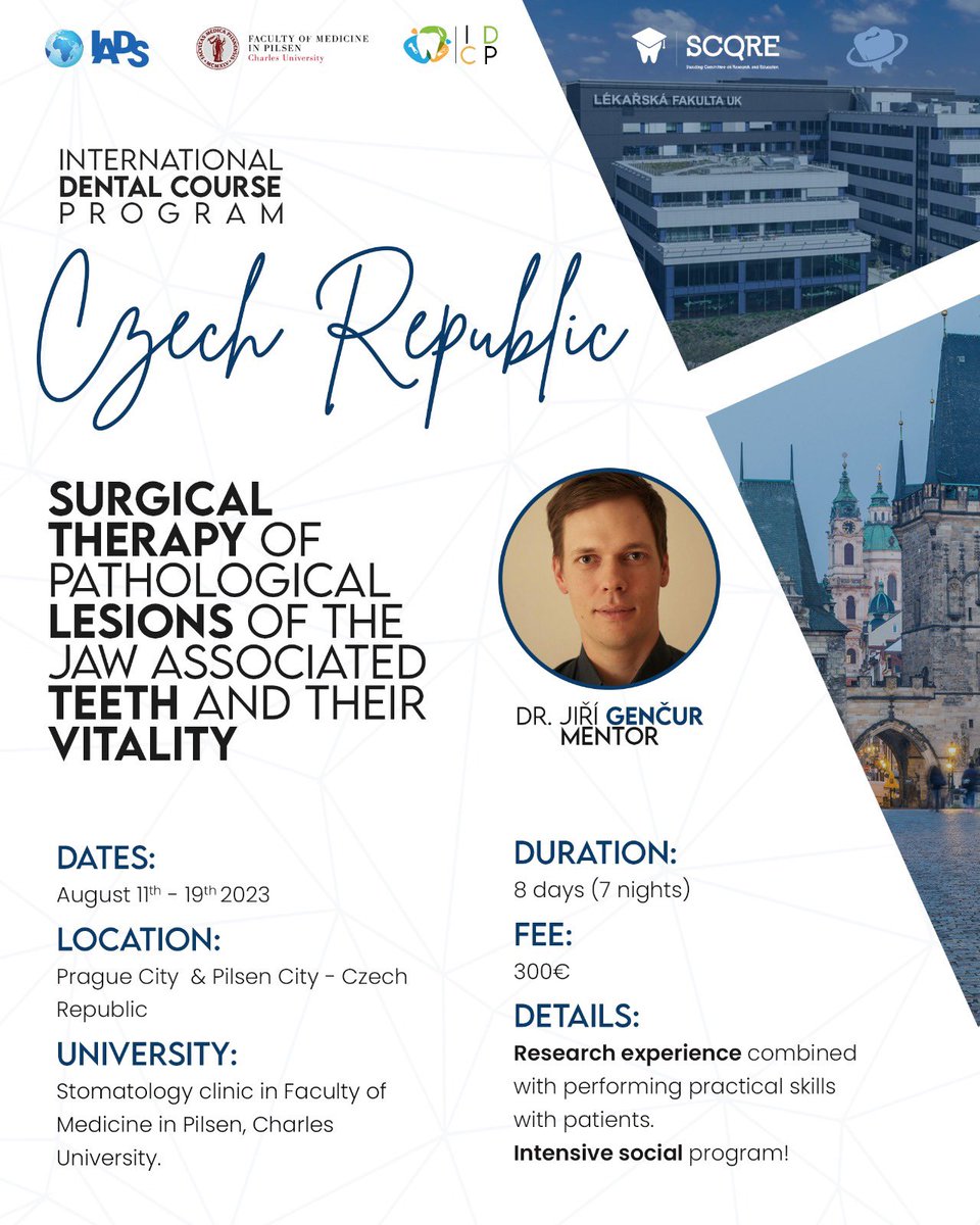 Join the International Dental Course Program in Czech Republic in August 2023! 🇨🇿 Work on patients, explore the country and get invaluable experience! — 11-19th August 2023 — Prague City & Pilsen City - Czech Republic Register: bit.ly/idcpczechia2023