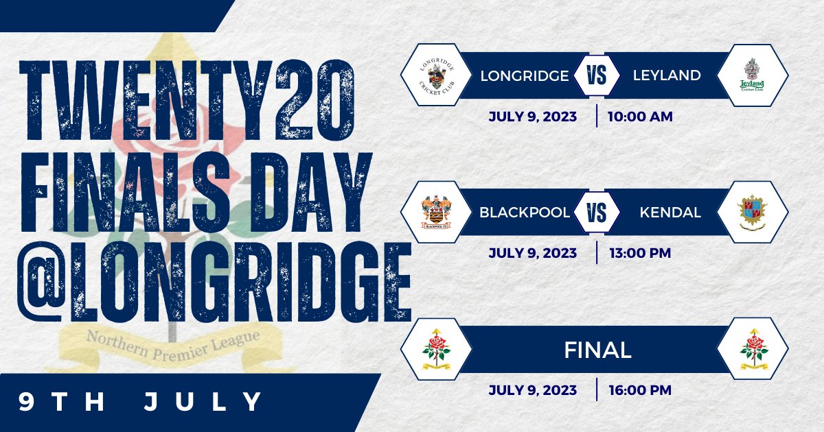 #FinalsDay is confirmed!

📍Newsham Memorial Cricket Ground

🏏 @LongridgeCC @BlackpoolCC @LeylandCC @kendalcricket 

⏰️ 10am, 1pm and 4pm 

🗓 July 9th